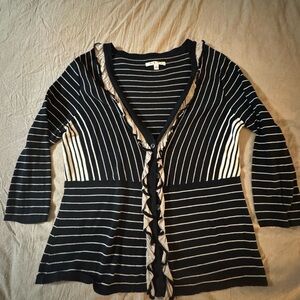 CAbi Black and White Striped Sweater With Ruffle Detailing
